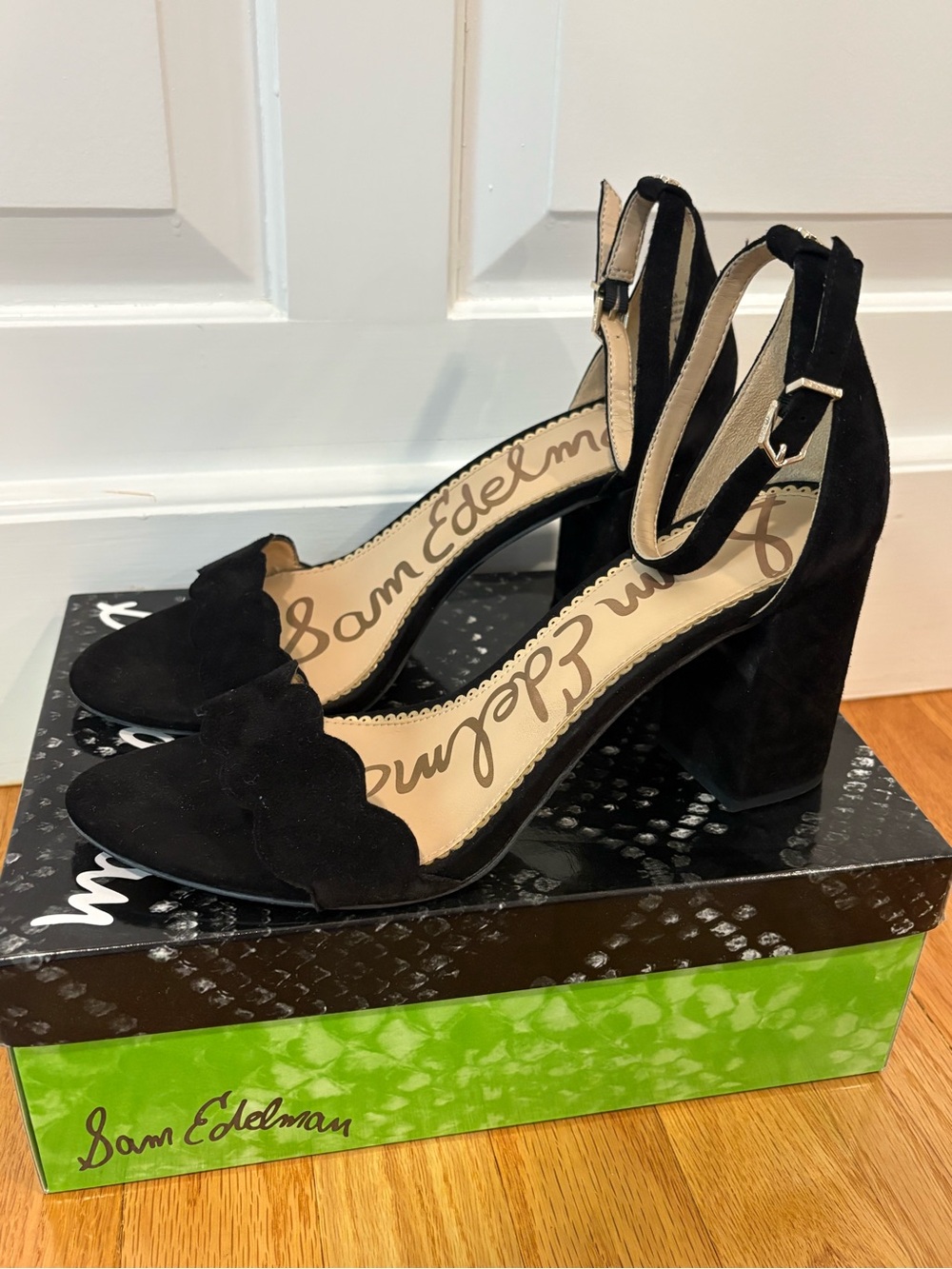 Sam Edelman Black Scalloped Suede Block Heel Sandals